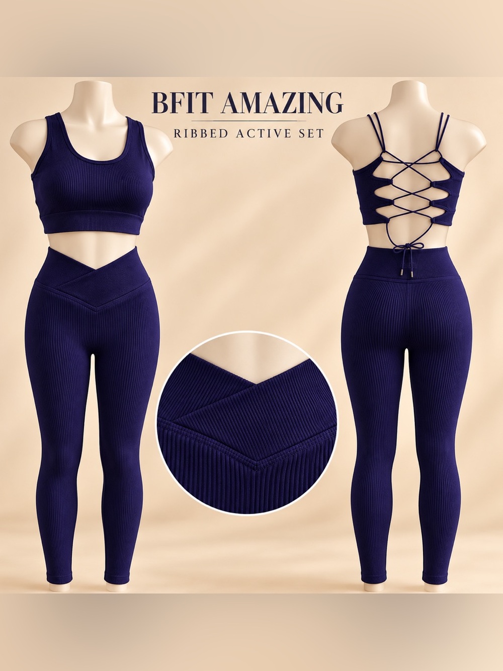 BFit Amazing 2 pc Ribbed Lace-Up Back Top & Crossover Leggings Set Small